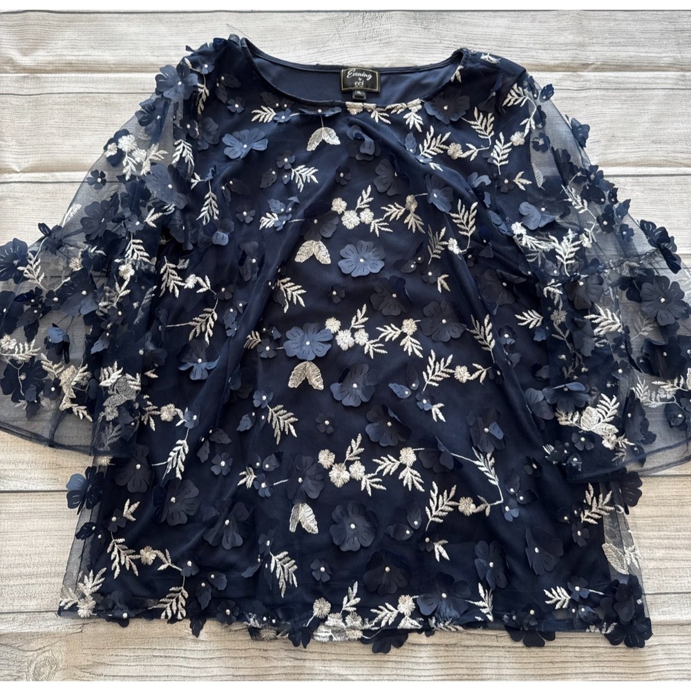 Evening by ECI Floral Applique Blouse Womens XL Navy Blue Embroidered Feminine